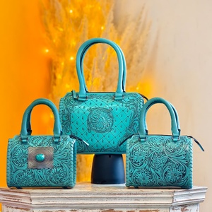 Sky Blue Color 100% Genuine Leather Mini Speedy Duffle <b>Bags</b> Women's Beautiful Attractive Floral Carved With Single Stone <b>Studded</b> - Product Image 1