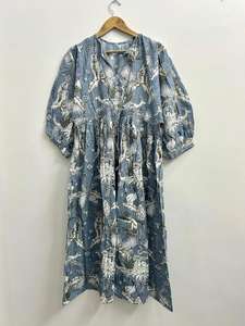 Vestido midi de algodón con estampado de bloques Blue Safari, vestido midi para mujer con mangas abullonadas - Product Image 6