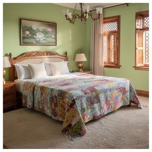 Natural Cotton Kantha Twin Quilt <b>Throw</b> 150x220 cm Hand Block Printed Hand Embroidered Indian Handmade Bedspread Home Bedding Set - Product Image 1