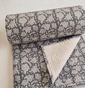 TheFabira Hand Block Print Cotton Kantha <b>Quilt</b> Indian Handmade Reversible <b>Bedspread</b> Floral Design Eco-Friendly Modern Style - Product Image 4