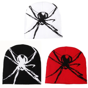 Gorro de punto Y2K de acrílico con estampado jacquard integral de calavera Mea Culpa y araña roja y negra, gorro de invierno estilo streetwear - Product Image 1