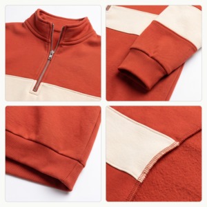 Sweat-shirt mi-zippé pour femme, color-block rouge, manches classiques, en coton tricoté et fibre de bambou, style décontracté pour l'automne, broderie chenille - Product Image 4