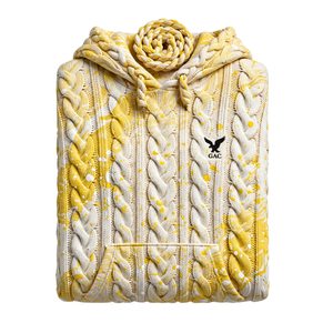 Sweat à capuche jaune et blanc en tricot torsadé avec motif éclaboussures, cordon de serrage tressé, pull à manches longues texturé, style streetwear pour adultes - Product Image 4