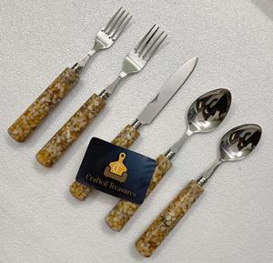 Juego de cubiertos ecológicos de acero inoxidable con acabado espejo y mango de terrazo, juego de cuchara, tenedor y cuchillo, vajilla, utensilios de cocina. - Product Image 6