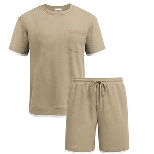 Conjunto de Camiseta de Manga Corta con Cuello Redondo y Pantalones Cortos para Hombre, Color Verde Oliva, Transpirable, con Ribete en Contraste, Ropa Informal de Verano - Product Image 6