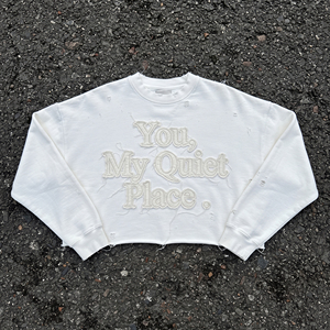 Women's Crop Sweatshirt With Distressed Embroidery Heavyweight Crop Sweatshirts Ladies Crew Neck Knitted Distressed Sweatshirts - Product Image 1