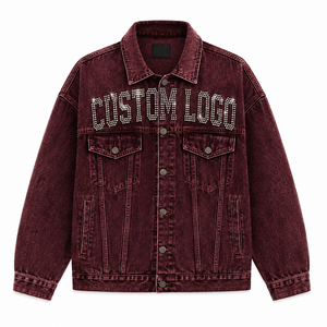 Veste en jean bordeaux pour homme avec logo personnalisé en strass, col rabattu, style décontracté automne, coupe classique, imperméable et coupe-vent. - Product Image 5