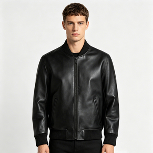Men's <b>Black</b> Leather Bomber Jacket Turn-down Collar Zipper Closure Slim Fit Regular Length Autumn Wear - Product Image 3