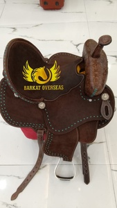 Custom Aztec <b>Tooled</b> Deep Seat Turquoise Buckstitch Western Barrel Genuine <b>Leather</b> Horse Saddle with Durable soft padded seat - Product Image 3