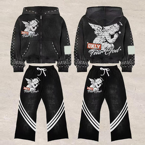 Conjunto de Sudadera con Capucha y Pantalones Deportivos de Algodón Grueso para Hombre, Personalizado con Calcomanía Bordada y Parche, Cierre Frontal con Cremallera - Product Image 1