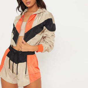 Women Color Blocking Hooded Tracksuit Set Full Sleeve Zipper Sporty Shorts Red Black Gray Spring Wear - Product Image 3