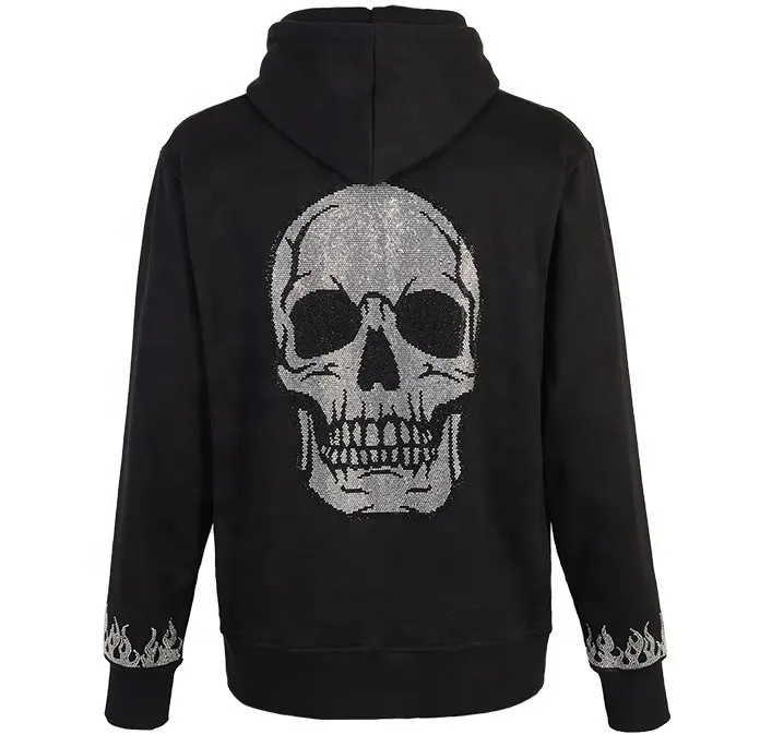New 2021 Hot Selling Custom skull rhinestone heat transfer hoodie sweatshirt custom rhinestone fashion clothing