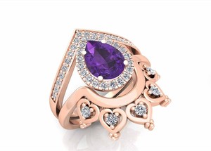 Bague Toi et Moi en Améthyste Forme Poire, Plaqué Or Rose, Motif Floral Feuille de Vigne, Vente en Gros, Ensemble de Bagues de Mariage en Améthyste Taillée Poire, Bijoux Fins - Product Image 2