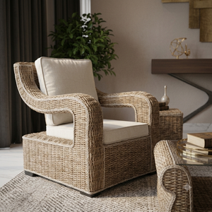 Modern Luxury Natural Wicker Rattan <b>Dining</b> Chair Handwoven Accent <b>Armchair</b> Soft Cushion UV-Resistant Water Resistant Durable - Product Image 4