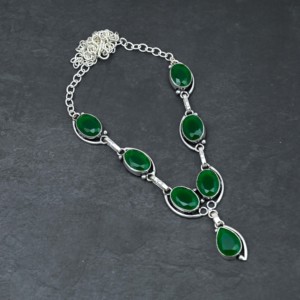 Customized Handmade Green Onyx Lab Created Pear Freshwater Pearl Sterling Silver Luxury Women's Necklace for Wedding Gift - Product Image 1