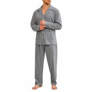 Ensemble de pyjama en tricot à manches longues rayé gris pour homme avec poches, vêtements de nuit en coton doux, vêtements décontractés d'automne - Product Image 3