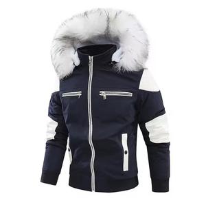 Veste matelassée à capuche bleue pour homme avec doublure en fourrure, fermeture éclair coupe-vent, vêtement d'hiver décontracté, coupe ajustée, longueur normale - Product Image 5