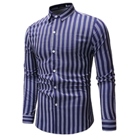 Kemeja Pria Kasual Lengan Panjang Motif Garis Biru Putih Kerah Kancing Bahan Poliester/Katun Gaya Formal Musim Panas Cepat Kering