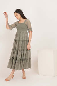 Vestido midi con cuello cuadrado y mangas con volantes, de chifón a rayas, corte A, estilo bohemio, informal de verano, ajuste holgado - Product Image 3