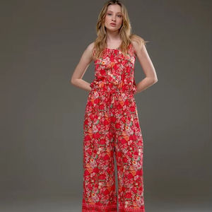 Combinaison sans manches à imprimé floral rouge pour femme, tenue décontractée d'été à jambes larges, style bohème, légère, pour les vacances - Product Image 1