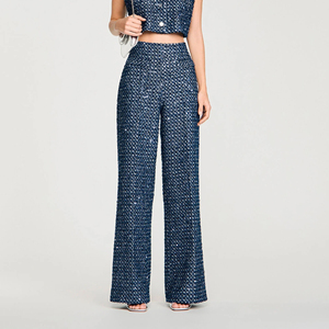 High Waist Straight Leg <b>Wool</b> Nylon Trousers Smart Casual Autumn Woven Midweight Elastic Waist Flat Front Blue - Product Image 5