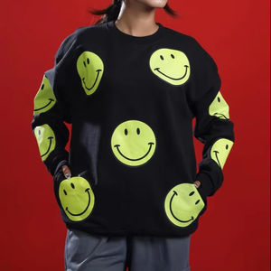 Vente en gros de sweat-shirt ras du cou en molleton 100% coton pour hommes pour Smiley Face sérigraphié avec sweat à capuche et sweat-shirt patchwork - Product Image 2