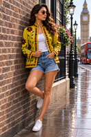 Blouson bomber en velours jaune pour femme, brodé Suzani |   Veste ethnique bohème brodée à la main avec des motifs floraux |   Vintage matelassé 100%