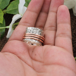 Wholesale Shree Jaipur Silver 925 Sterling Silver Mixed Metal Classic <b>Spinner</b> <b>Ring</b> Handmade Textured Tree Bark Copper Brass Band - Product Image 1