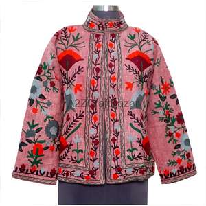 Blouson bomber en coton tricoté Suzani pour femme, à volants brodés, motif floral vintage, respirant et à séchage rapide pour l'hiver - Product Image 1