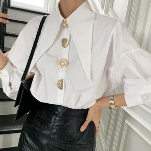 QWEEK Blusas de Moda con Solapa de Esquina Afilada para Mujer, Estilo Coreano, Color Blanco, Combinable con Todo, Tops de Manga Larga, Otoño 2022 - Product Image 1