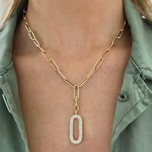 Diamond Solitaire Pendant Necklaces Pave Oval Charm Holder 18 Inch Paperclip Layering Statement <b>Chains</b> 10K 14K 18K Solid Gold - Product Image 2