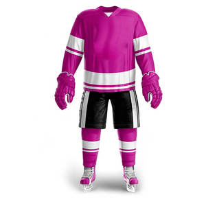 Ensemble d'uniformes de hockey sur glace personnalisés, maillot rayé rose et blanc, shorts, gants, patins, impression par sublimation, vêtements de sport d'hiver pour adultes - Product Image 1