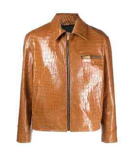 MEN'S PREMIUM <b>LEATHER</b> <b>JACKET</b> WITH CROCODILE EMBOSSED FINISH LUXURY BROWN <b>LEATHER</b> OUTERWEAR FULL ZIP FRONT <b>LONG</b> SLEEVE - Product Image 1