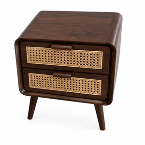 Scandinavian Style Modern Luxury Teak Wood Weave Bedside 2-<b>Drawer</b> <b>Walnut</b> Finish Nightstand - Product Image 3