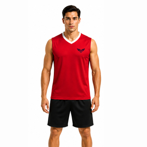 Ensemble uniforme de volley-ball rouge et noir pour hommes, maillot sans manches personnalisé, short respirant à séchage rapide, vêtements de sport d'équipe - Product Image 2