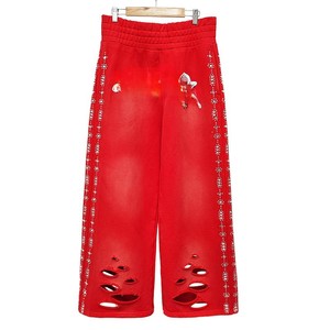 Pantalon de jogging décontracté pour homme, 450 GSM, 100 % coton, coupe large, taille élastique, déchiré et vieilli, avec strass latéraux, pour l'hiver - Product Image 1