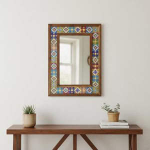 Handcrafted Wooden Mosaic Tile Wall <b>Mirror</b> Decorative <b>Rectangular</b> Frame 4mm Thick Ethnic Rustic Home Decor - Product Image 2