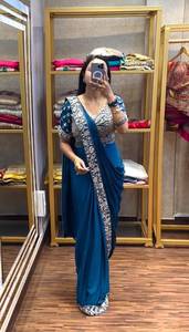 Sari prêt-à-porter en chinon, brodé de perles, pour occasions spéciales, avec blouse en chinon entièrement cousue - Product Image 3