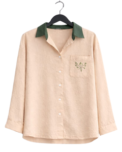 Conjunto de pijama de lino y algodón para mujer, color beige y verde, camisa con botones y bolsillo bordado y pantalones con cordón, conjunto informal para estar en casa - Product Image 1