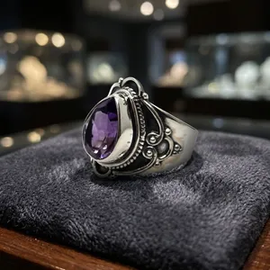 925 Sterling Silver Amethyst Statement Ring Handmade Vintage Gothic Cocktail Jewelry Purple Gemstone Ring - Product Image 5