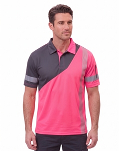 custom mens curved diagonal split safety <b>polo</b> neon pink charcoal hi vis workwear chevron reflective tape sleeve zipper <b>shirt</b> top - Product Image 1