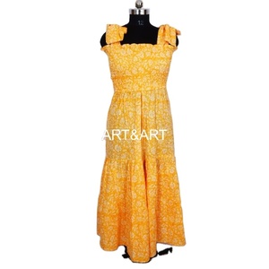 Robe Maxi en coton imprimé floral bohème fait à la main pour femmes col carré robe mi-longue manches flottantes pour les fêtes de mariage décontracté - Product Image 1