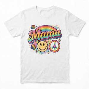 <b>Women's</b> <b>White</b> Jersey Short Sleeve Crew Neck <b>T</b>-<b>Shirt</b> Retro Rainbow Mama Graphic with <b>for</b> Face and Peace Sign - Product Image 2