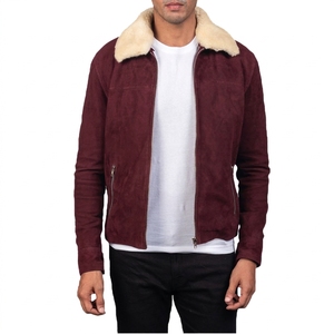 <b>Men's</b> Brown <b>Suede</b> Bomber <b>Jacket</b> With Faux Fur Collar Zipper Closure Winter Moto Style Regular Fit - Product Image 2