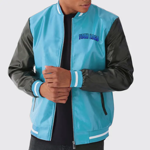 Men's Gray Bomber Jacket With Black Sleeves Embroidered Logo Zipper Closure Casual Autumn Wear - Product Image 2