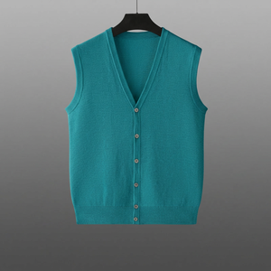 Gilet en laine tricoté pour homme, col en V, sans manches, boutonné devant, couleur unie, pour l'automne, anti-boulochage, épaisseur standard - Product Image 4