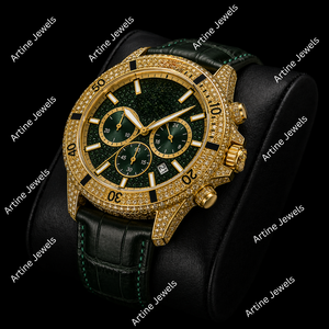 Montre pour homme avec cadran vert, ton or, sertie de pierres étincelantes, bracelet en cuir, chronographe, affichage de la date, montre de luxe - Product Image 2