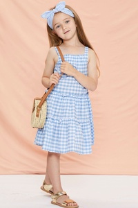 Simplee — robe à volants en coton, élégante et décontractée, bleu clair et blanc, à carreaux, sangle pour les épaules et le nœud de cheveux assortis - Product Image 2