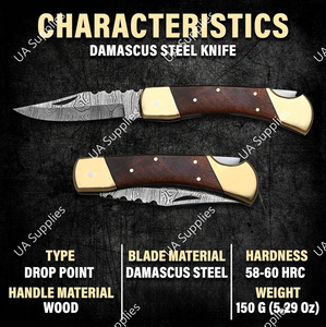 มีดพับเหล็กดามัสกัสสวยงามขนาด 3.5 นิ้ว ด้ามไม้พะยูงและทองเหลือง อุปกรณ์ล่าสัตว์กลางแจ้ง EDC รับผลิตแบบ OEM/ODM ราคาขายส่ง - Product Image 2