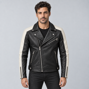 Veste de motard en cuir véritable noir et blanc pour homme avec fermeture éclair asymétrique, manches contrastées et poches zippées - Product Image 3